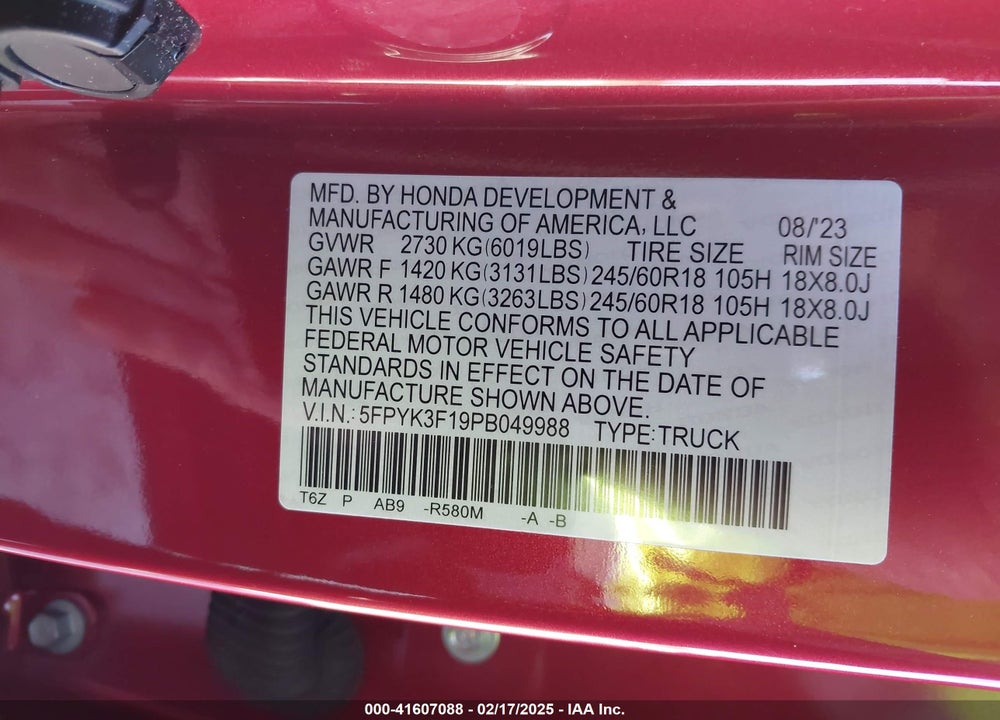 2023 HONDA RIDGELINE SPORT VIN: 5FPYK3F19PB049988