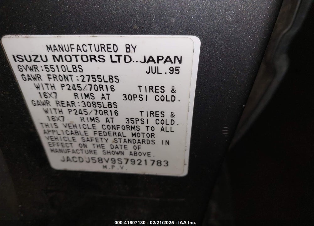 1995 ISUZU TROOPER S VIN: JACDJ58V9S7921783