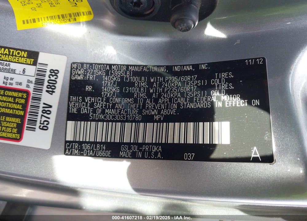 2013 TOYOTA SIENNA VIN: 5TDYK3DC3DS310780