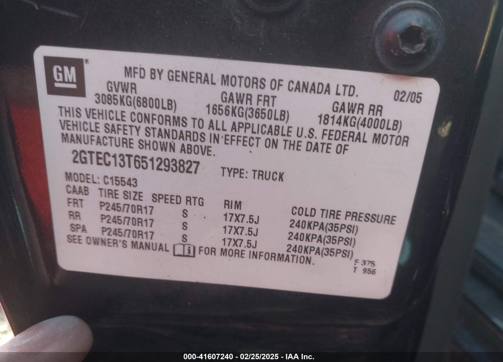 2005 GMC SIERRA 1500 VIN: 2GTEC13T651293827