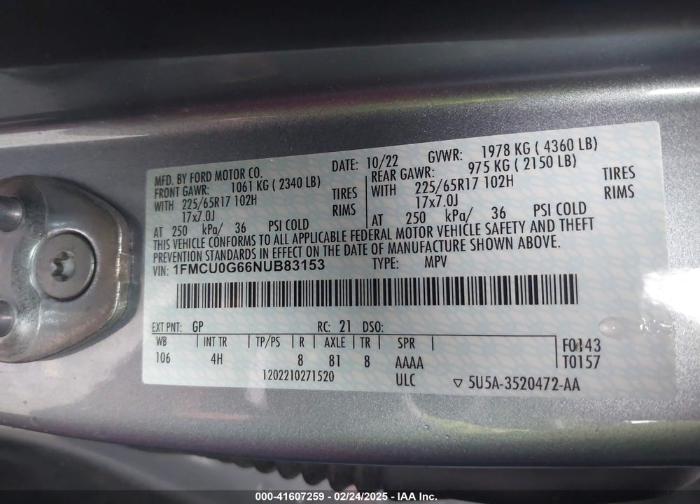 2022 FORD ESCAPE SE VIN: 1FMCU0G66NUB83153