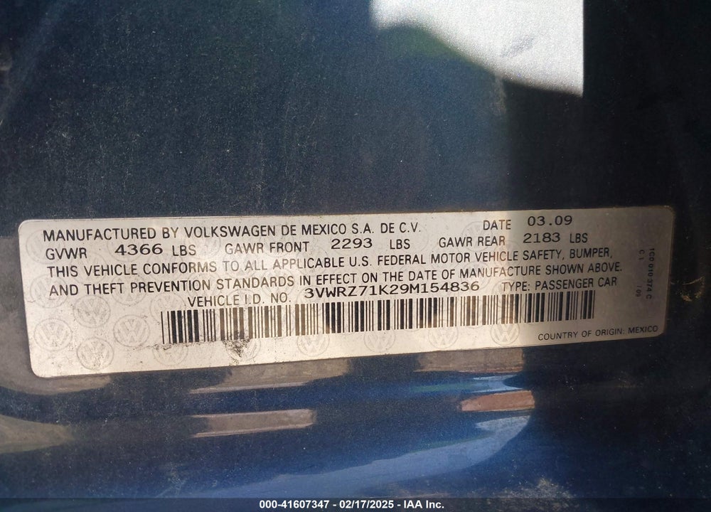 2009 VOLKSWAGEN JETTA SE VIN: 3VWRZ71K29M154836