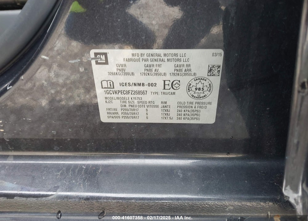 2015 CHEVROLET SILVERADO 1500 VIN: 1GCVKPEC8FZ268567