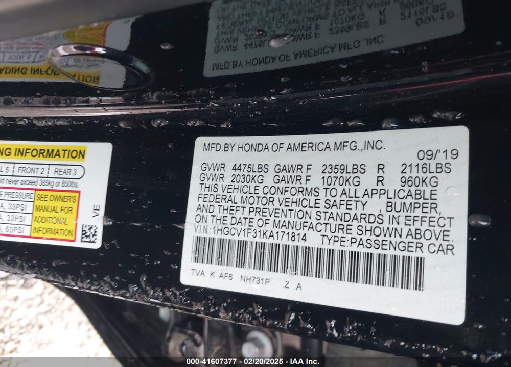 2019 HONDA ACCORD VIN: 1HGCV1F31KA171814