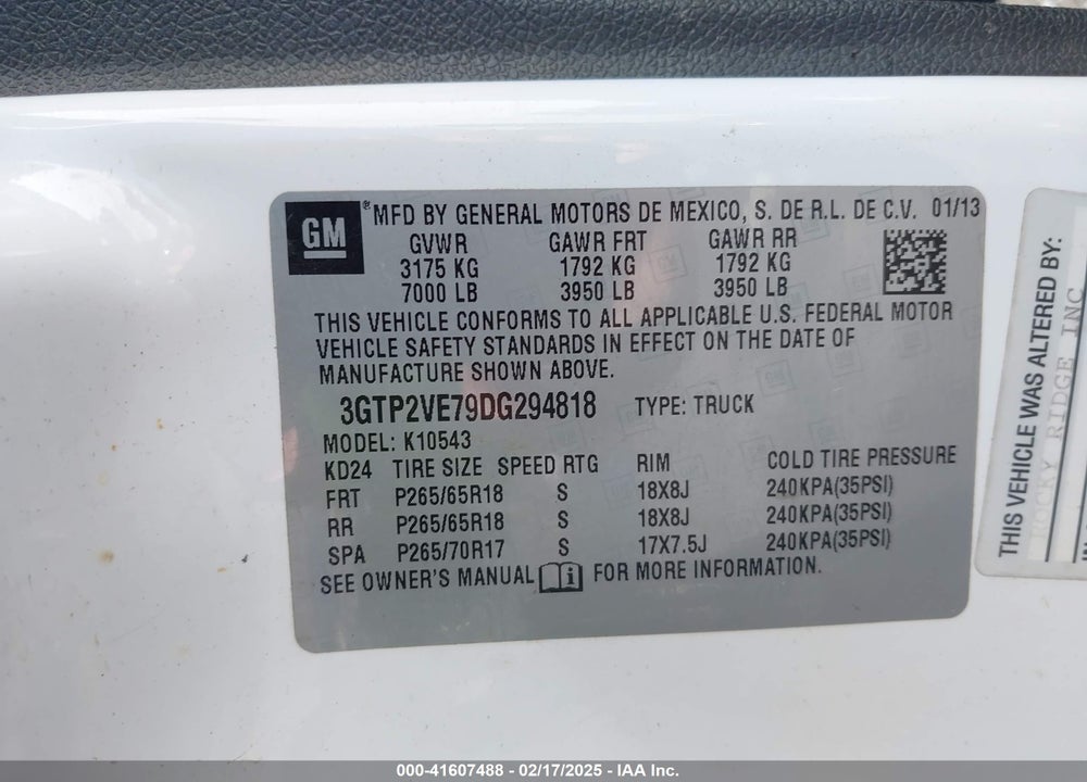 2013 GMC SIERRA 1500 VIN: 3GTP2VE79DG294818