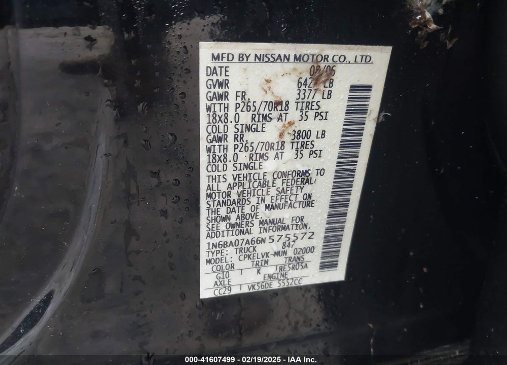 2006 NISSAN TITAN LE VIN: 1N6BA07A66N575572