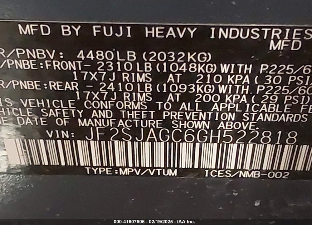 2016 SUBARU FORESTER 2.5I PREMIUM VIN: JF2SJAGC6GH522818