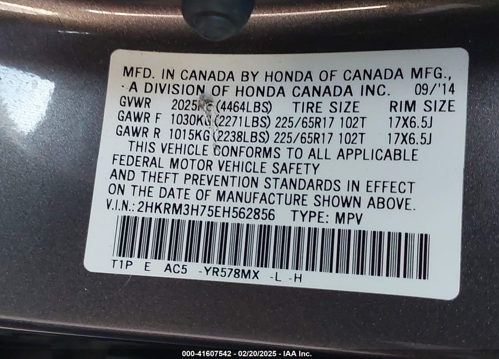 2014 HONDA CR-V EX-L VIN: 2HKRM3H75EH562856