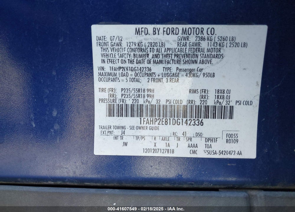 2013 FORD TAURUS VIN: 1FAHP2E81DG142336