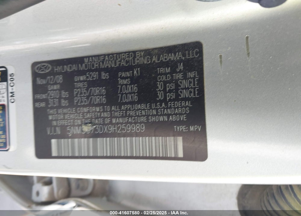 2009 HYUNDAI SANTA FE GLS VIN: 5NMSG73DX9H259989