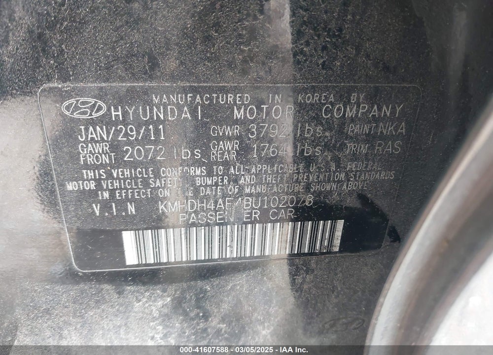 2011 HYUNDAI ELANTRA VIN: KMHDH4AE4BU102078