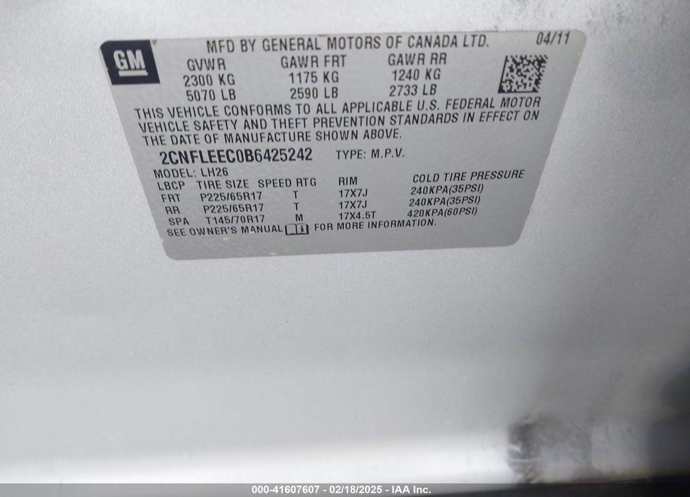 2011 CHEVROLET EQUINOX 1LT VIN: 2CNFLEEC0B6425242