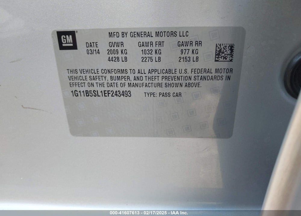 2014 CHEVROLET MALIBU VIN: 1G11B5SL1EF243493