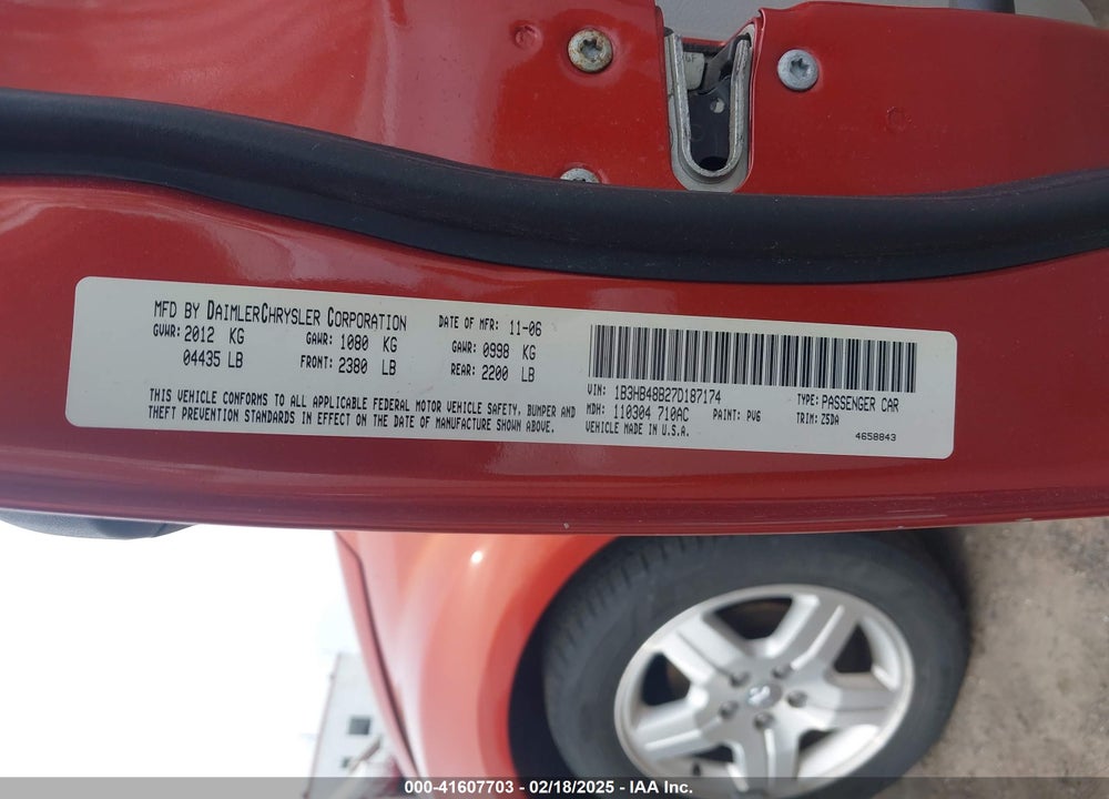 2007 DODGE CALIBER VIN: 1B3HB48B27D187174