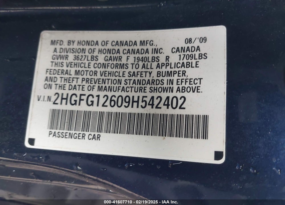 2009 HONDA CIVIC VIN: 2HGFG12609H542402