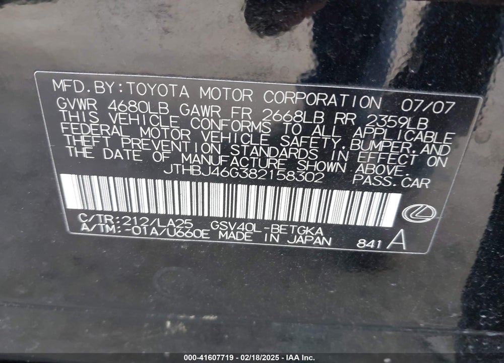 2008 LEXUS ES 350 VIN: JTHBJ46G382158302