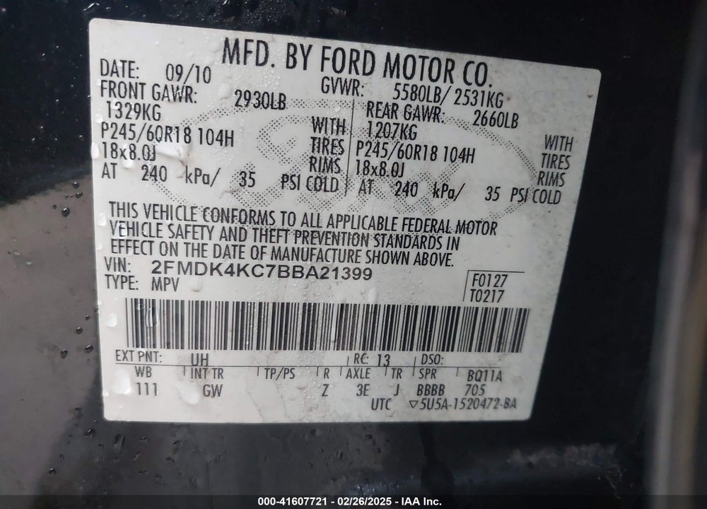 2011 FORD EDGE LIMITED VIN: 2FMDK4KC7BBA21399