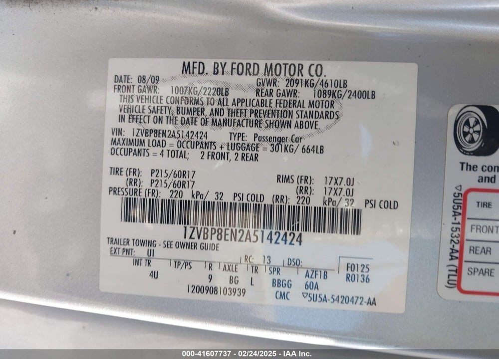 2010 FORD MUSTANG V6/V6 PREMIUM VIN: 1ZVBP8EN2A5142424