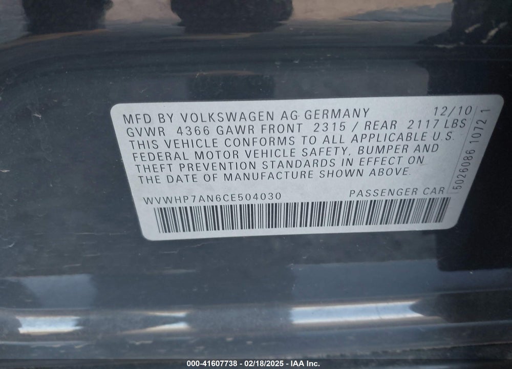 2012 VOLKSWAGEN CC LUX LIMITED VIN: WVWHP7AN6CE504030