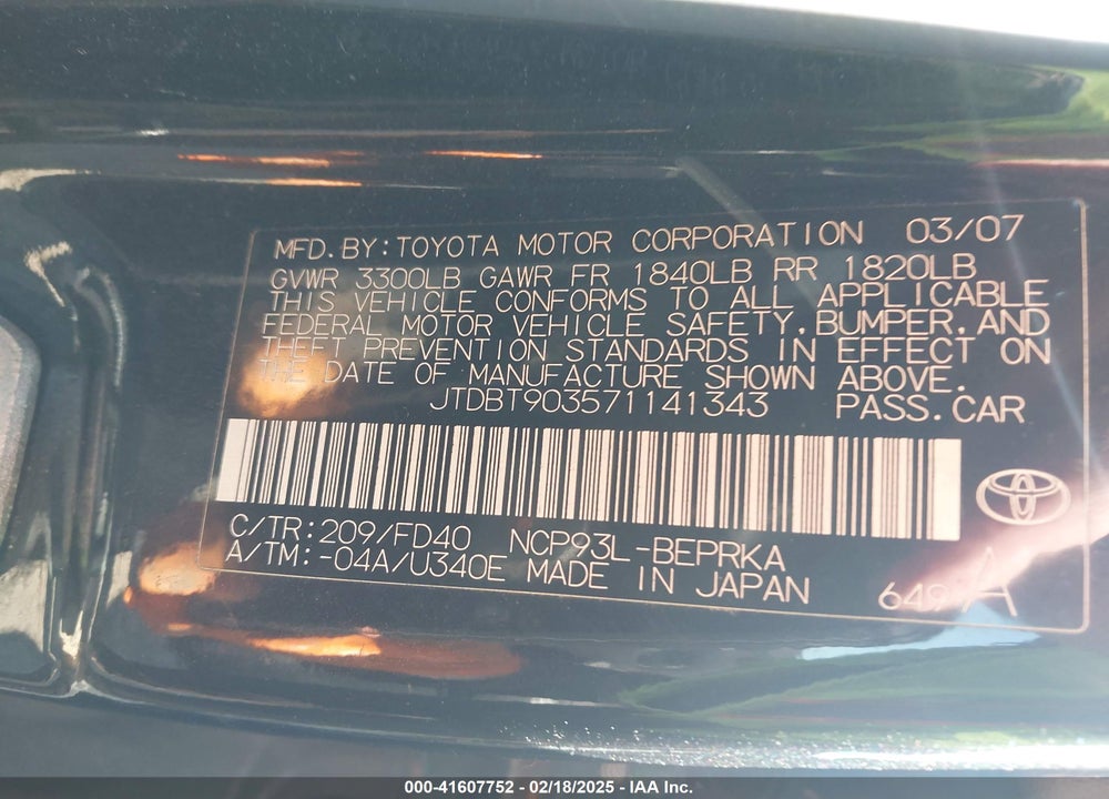 2007 TOYOTA YARIS VIN: JTDBT903571141343