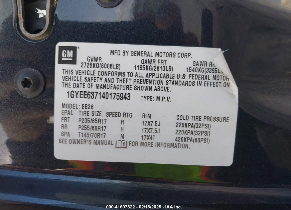 2004 CADILLAC SRX STANDARD VIN: 1GYEE637140175943