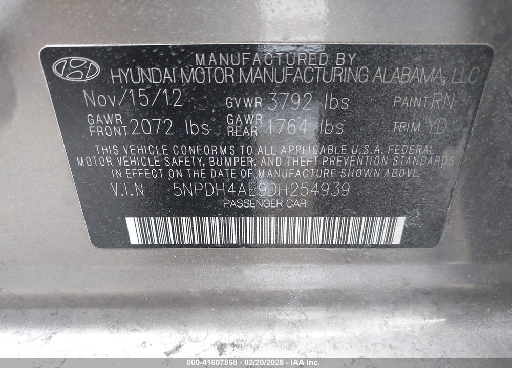 2013 HYUNDAI ELANTRA VIN: 5NPDH4AE9DH254939