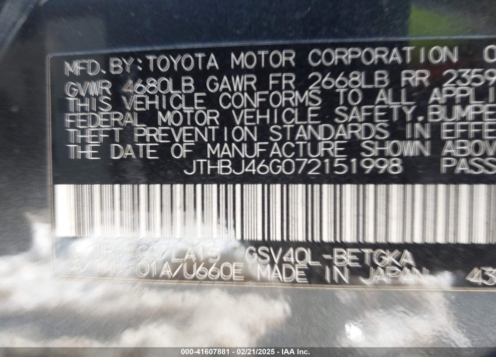2007 LEXUS ES VIN: JTHBJ46G072151998