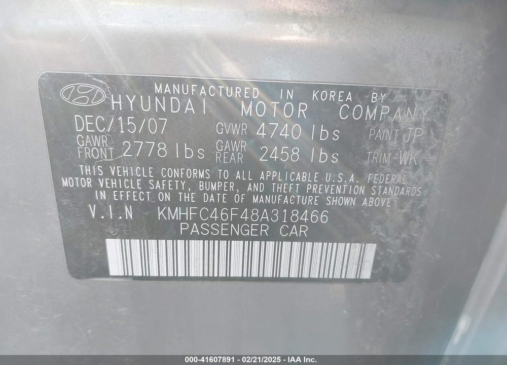 2008 HYUNDAI AZERA VIN: KMHFC46F48A318466