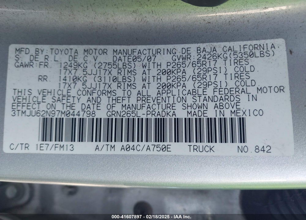 2007 TOYOTA TACOMA VIN: 3TMJU62N97M044798