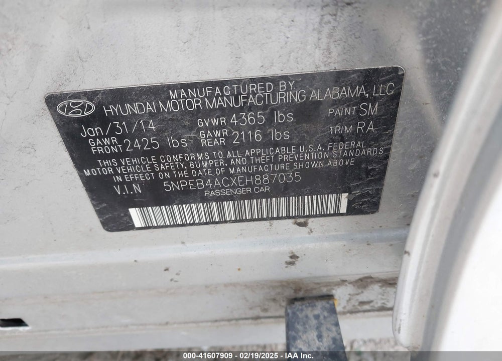 2014 HYUNDAI SONATA VIN: 5NPEB4ACXEH887035