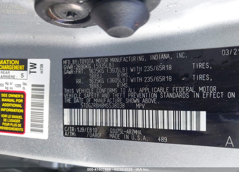 2021 TOYOTA HIGHLANDER VIN: 5TDGZRBH8MS538038