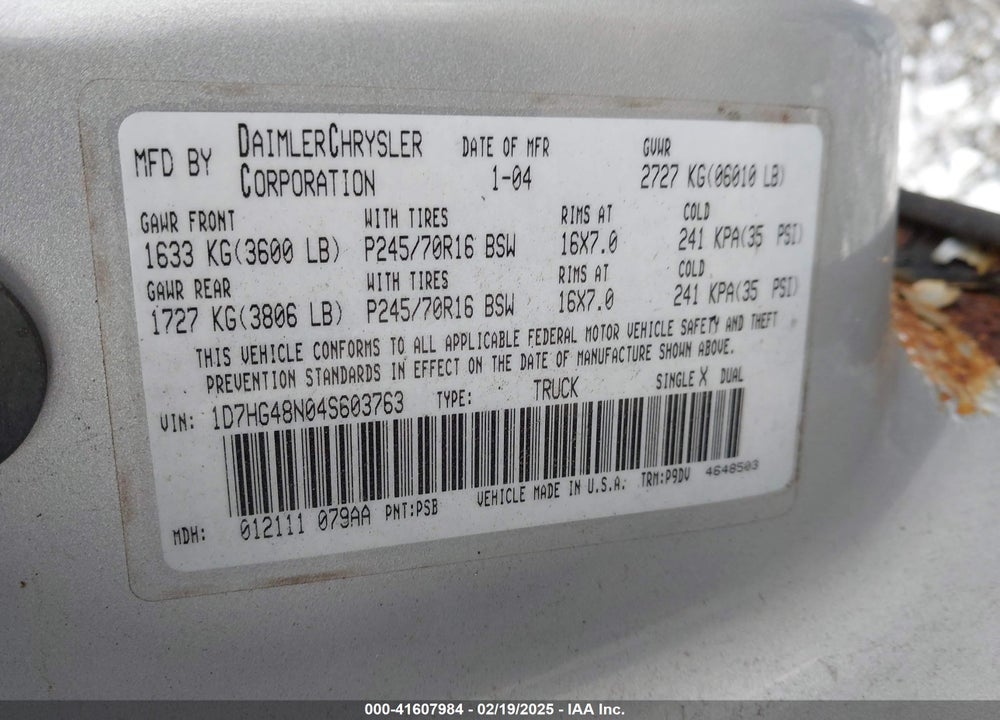 2004 DODGE DAKOTA SLT VIN: 1D7HG48N04S603763