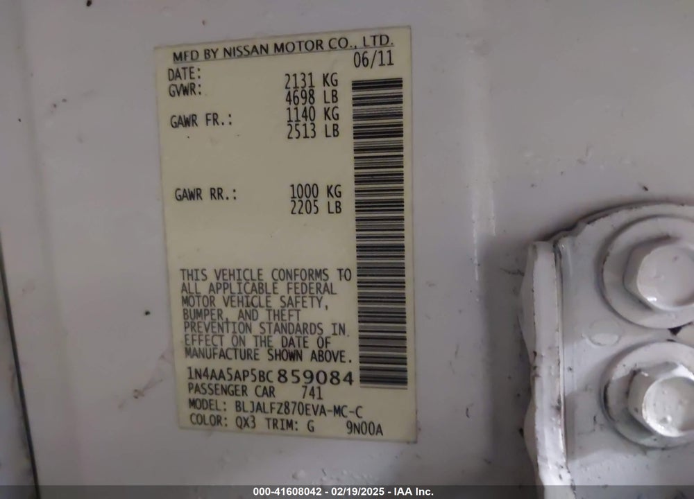 2011 NISSAN MAXIMA 3.5 SV VIN: 1N4AA5AP5BC859084