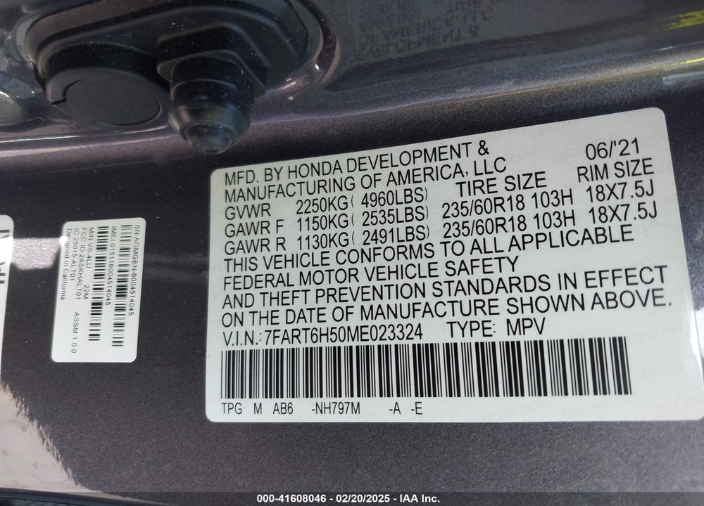 2021 HONDA CR-V HYBRID EX VIN: 7FART6H50ME023324