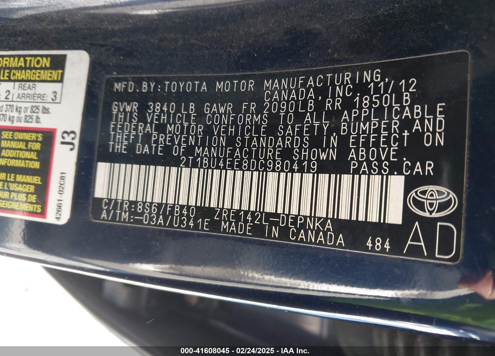 2013 TOYOTA COROLLA VIN: 2T1BU4EE8DC980419