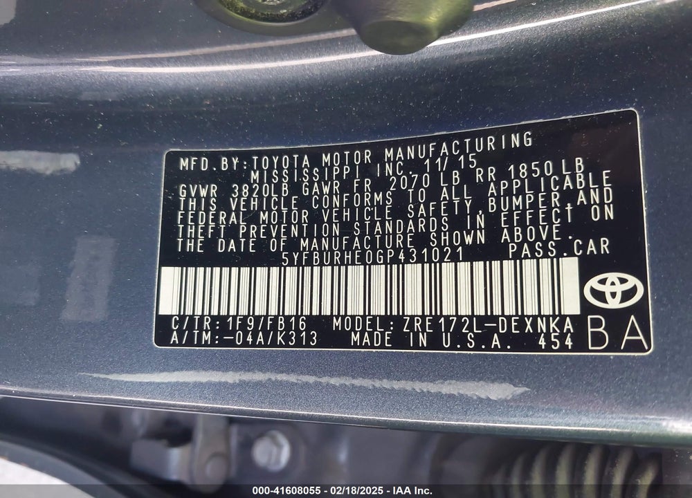 2016 TOYOTA COROLLA VIN: 5YFBURHE0GP431021