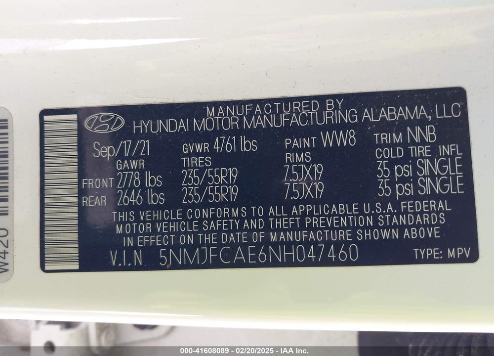 2022 HYUNDAI TUCSON VIN: 5NMJFCAE6NH047460