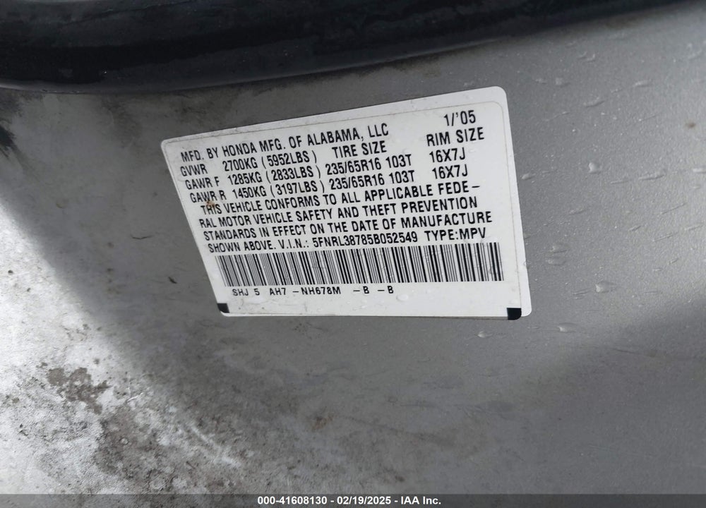 2005 HONDA ODYSSEY EX-L VIN: 5FNRL38785B052549