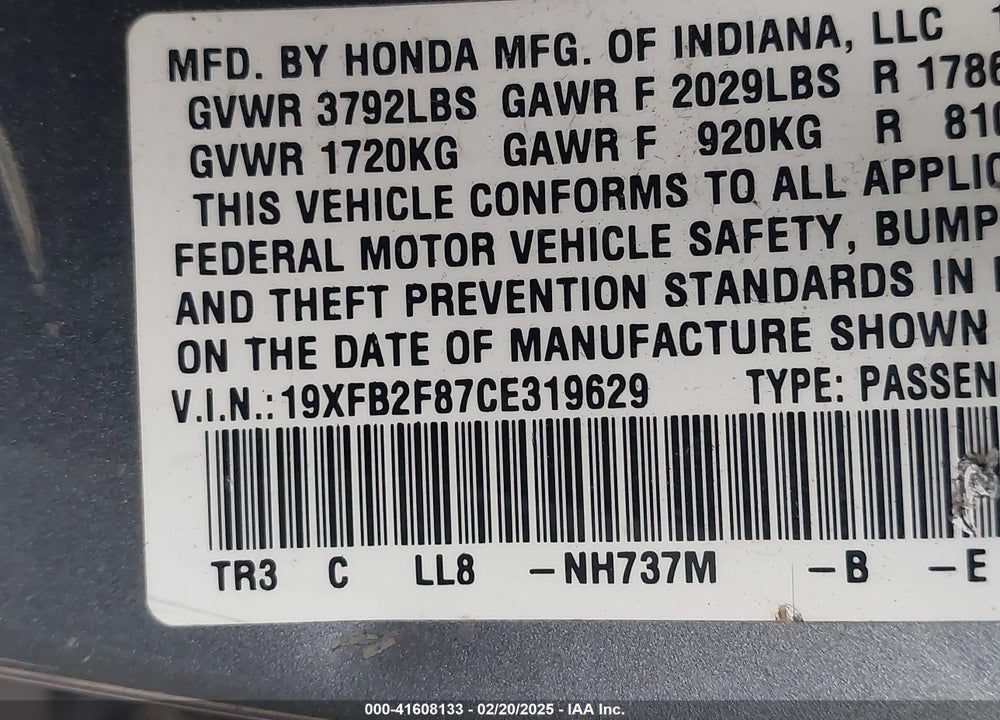 2012 HONDA CIVIC VIN: 19XFB2F87CE319629