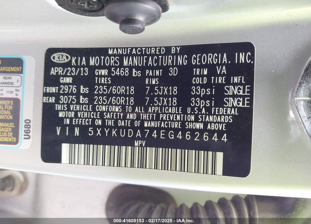 2014 KIA SORENTO EX V6 VIN: 5XYKUDA74EG462644