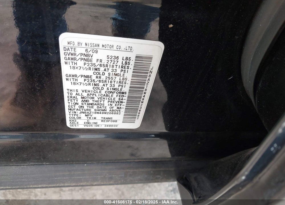 2009 NISSAN MURANO VIN: JN8AZ18W49W206882