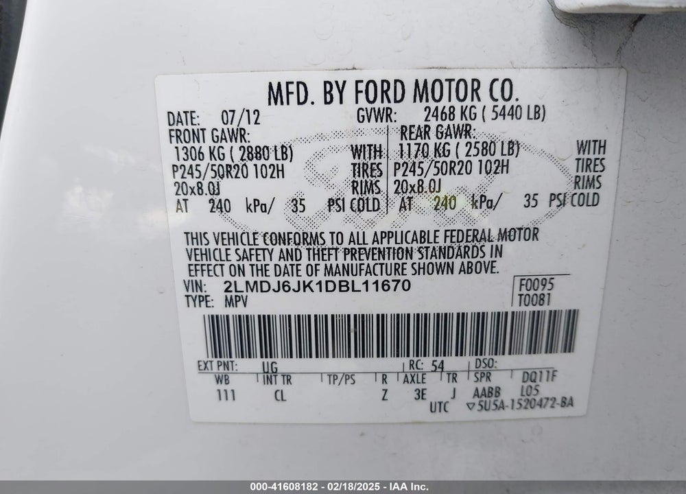 2013 LINCOLN MKX VIN: 2LMDJ6JK1DBL11670