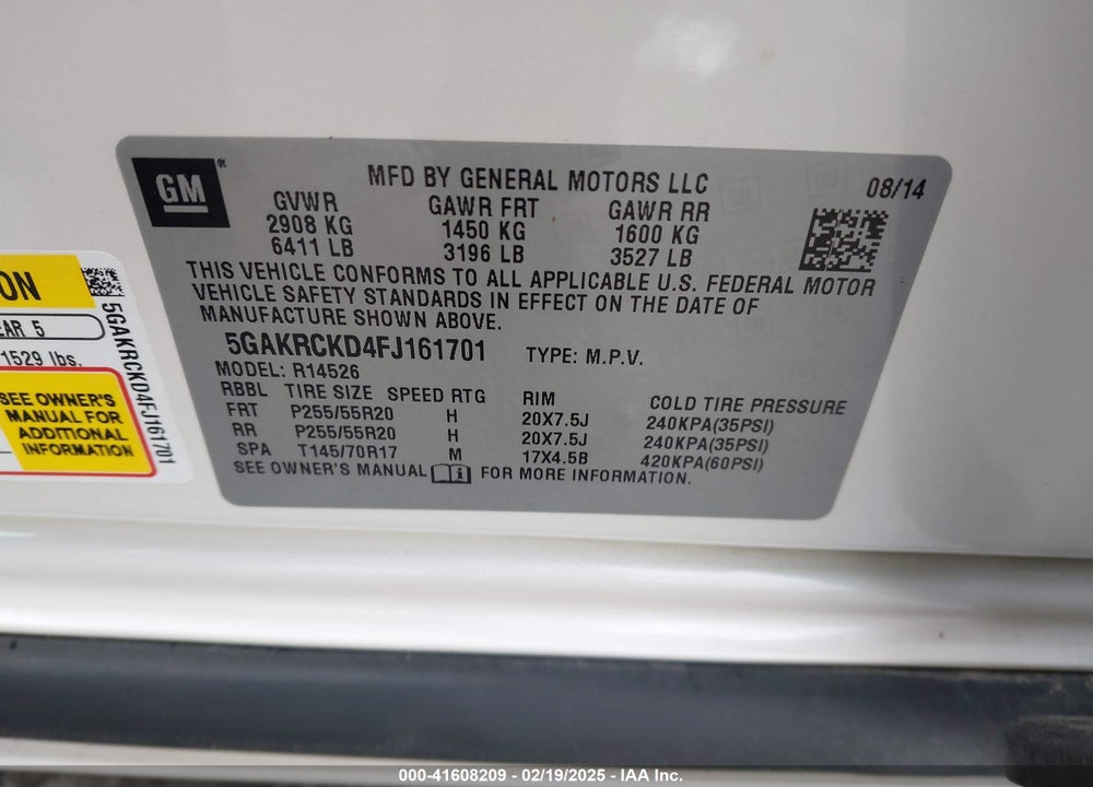 2015 BUICK ENCLAVE PREMIUM VIN: 5GAKRCKD4FJ161701