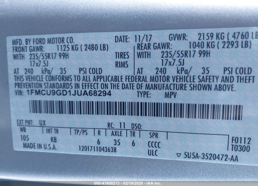 2018 FORD ESCAPE VIN: 1FMCU9GD1JUA68294