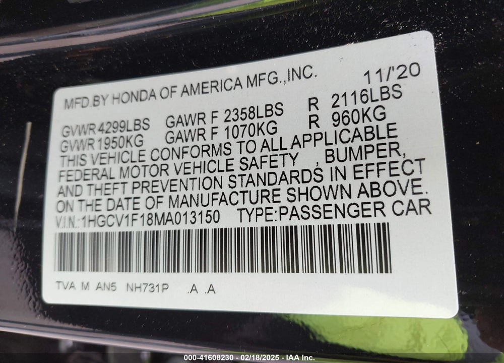 2021 HONDA ACCORD SEDAN VIN: 1HGCV1F18MA013150
