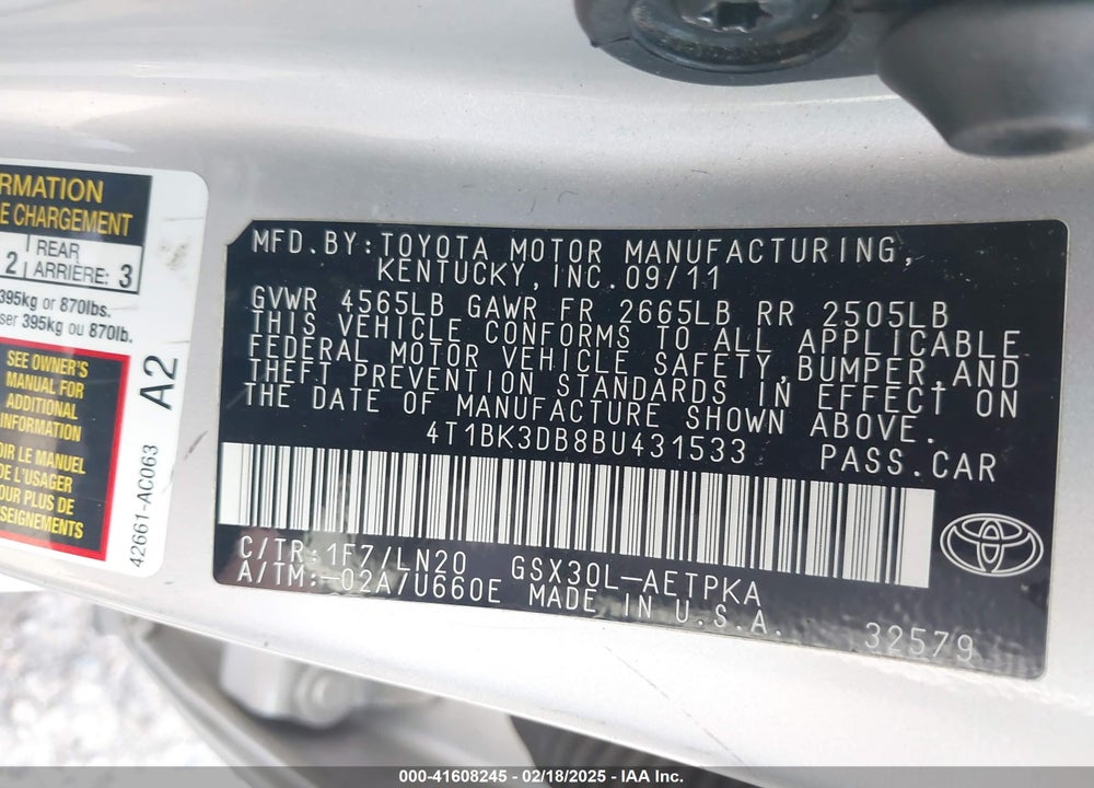 2011 TOYOTA AVALON VIN: 4T1BK3DB8BU431533