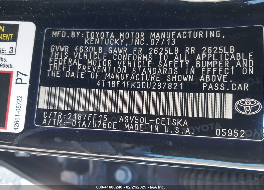 2013 TOYOTA CAMRY VIN: 4T1BF1FK3DU287821