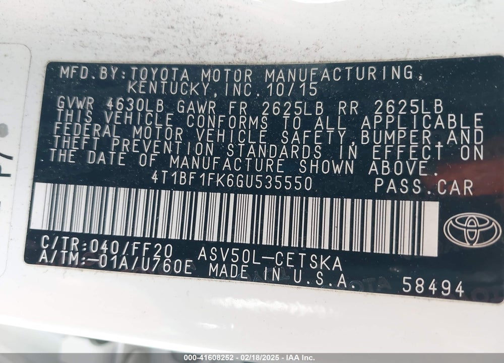 2016 TOYOTA CAMRY VIN: 4T1BF1FK6GU535550