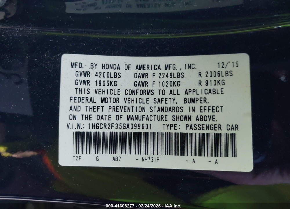 2016 HONDA ACCORD VIN: 1HGCR2F35GA099601