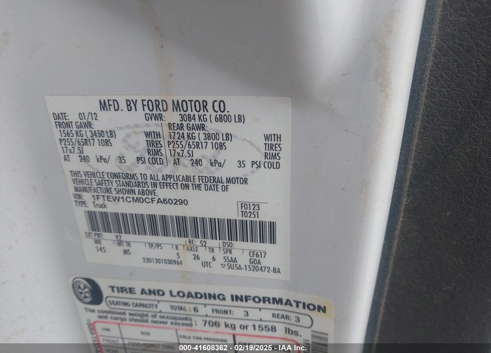 2012 FORD F150 VIN: 1FTEW1CM0CFA60290